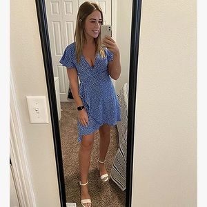 Polka dot Blue Short Sleeve Wrap Dress